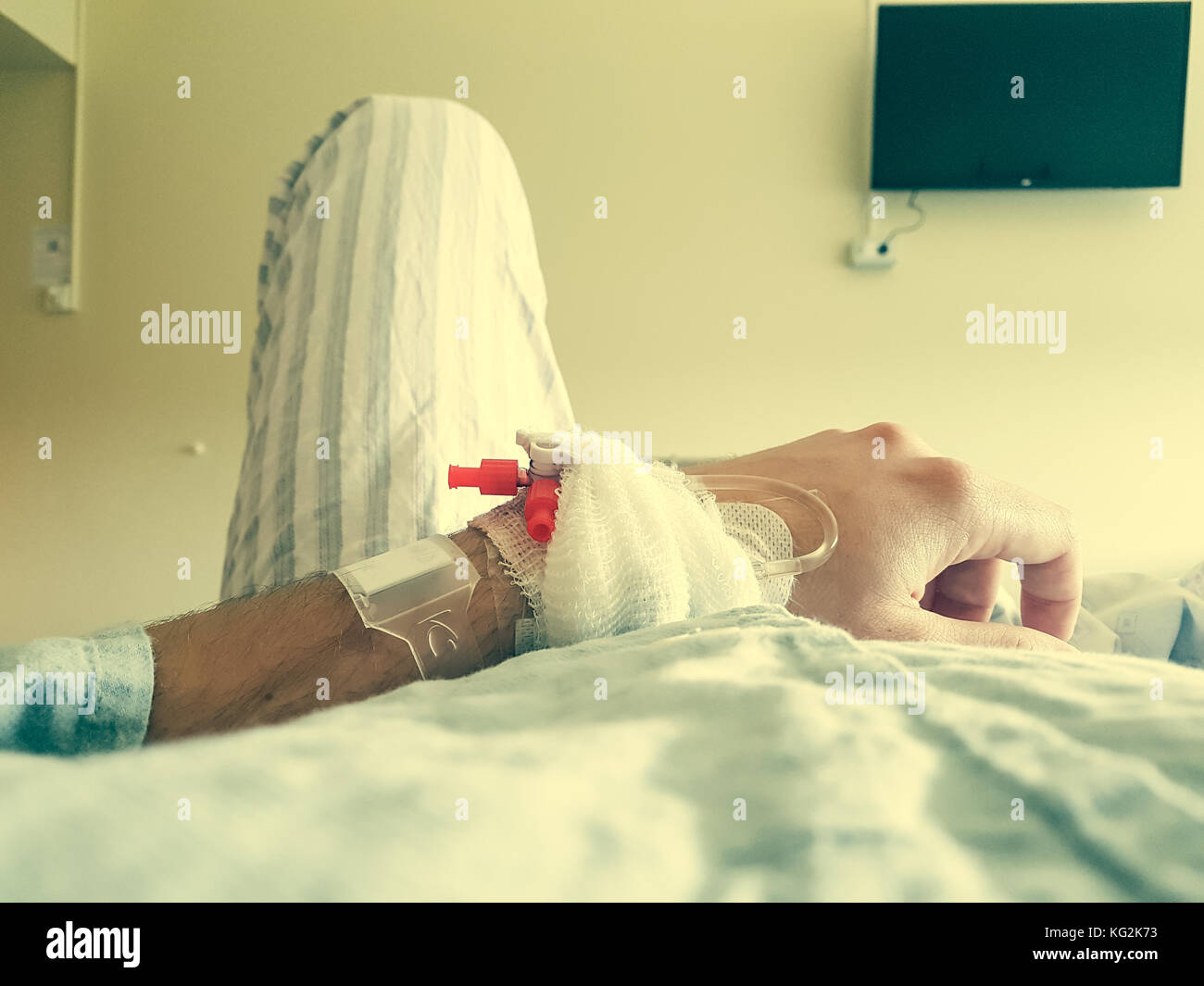 Point de vue du patient lying on a medical bed. Banque D'Images
