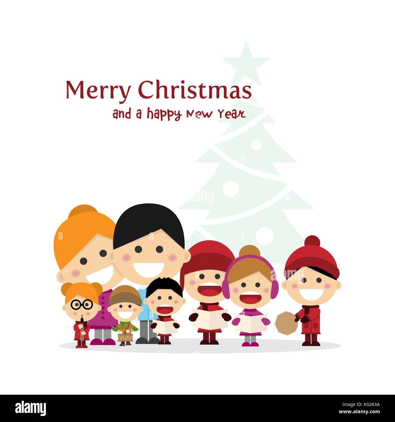 Cute family singing carols à Noël nuit avec black. Vector illustration Illustration de Vecteur