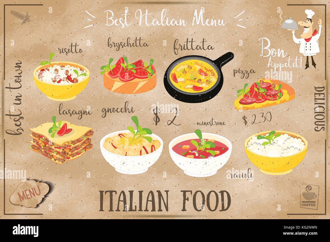Carte de menu de cuisine italienne avec repas traditionnel sur tableau arrière-plan. cuisine italienne. de collecte de denrées alimentaires sur le papier kraft. illustration. Banque D'Images