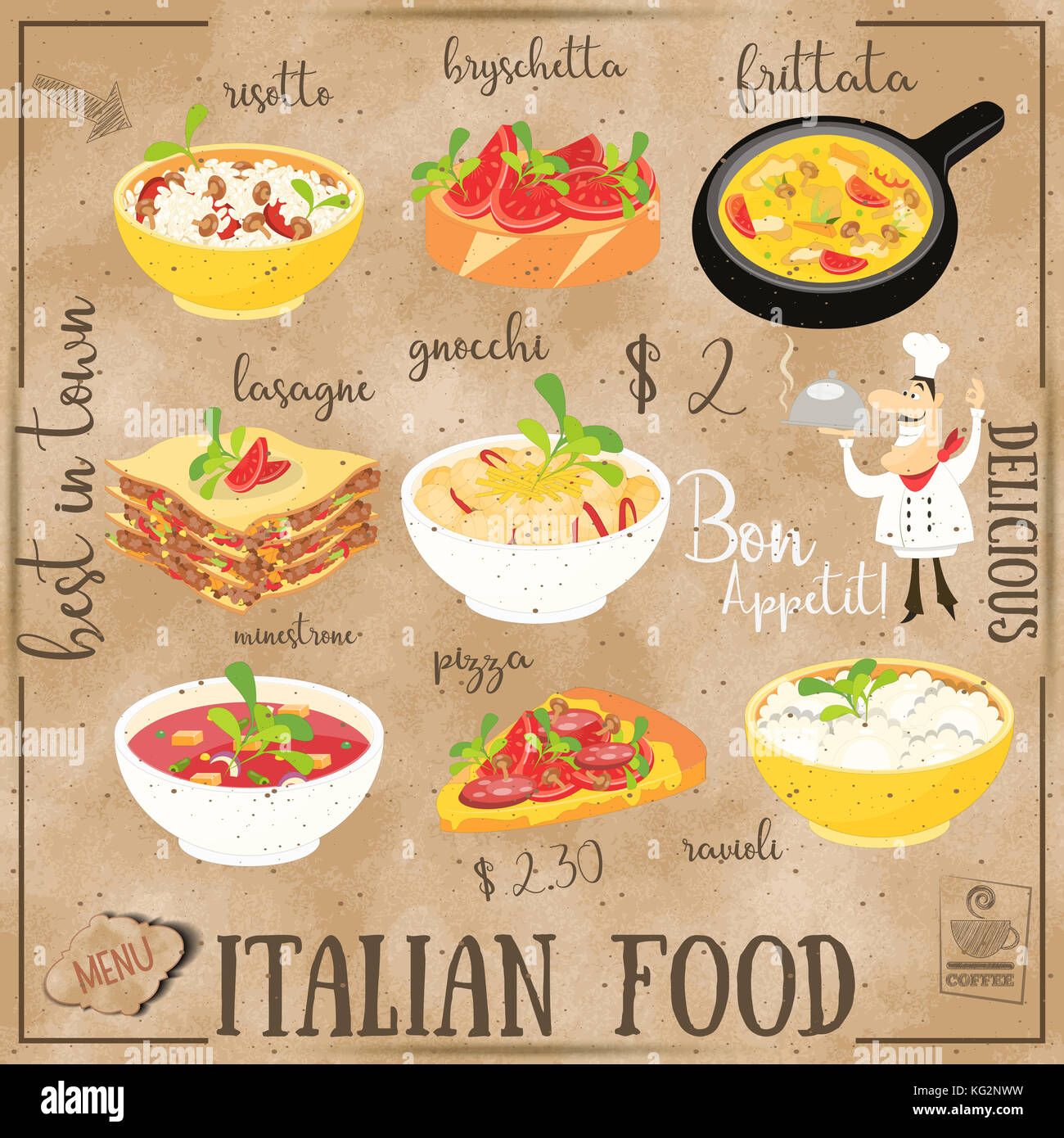 Carte de menu de cuisine italienne avec repas traditionnel sur tableau arrière-plan. cuisine italienne. de collecte de denrées alimentaires sur le papier kraft. Banque D'Images