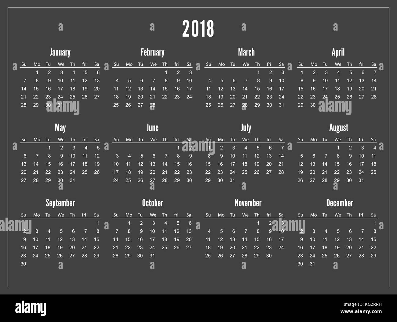 L'année 2018 Calendrier de poche simple sur fond noir. Illustration de Vecteur