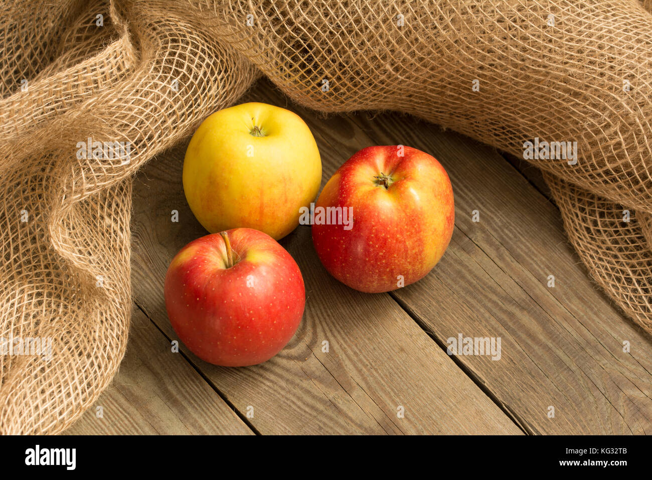 Trois pommes rouges et jaunes et mouche de filet sur les planches de bois Banque D'Images
