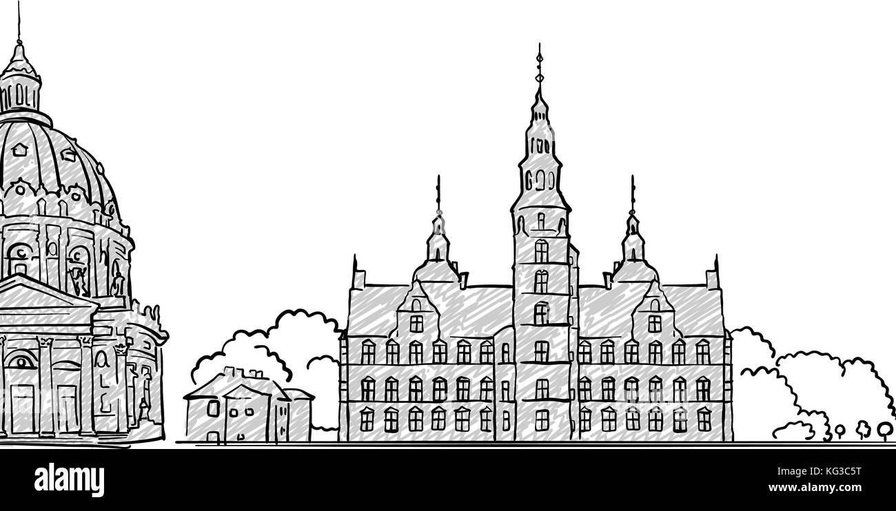 Copenhague, Danemark célèbre croquis de voyage. Dessin Dessin à la main. Conception de carte de vœux, vector illustration Illustration de Vecteur