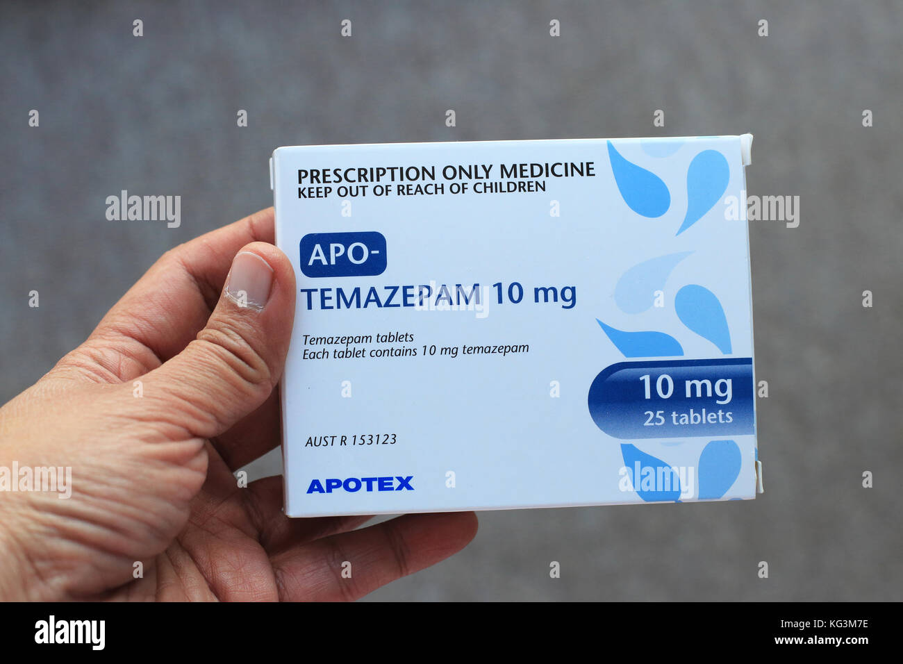 PAS DE MÉDICAMENTS RÉELS, PHOTO DE STOCK SEULEMENT - gros plan de la main tenant une boîte de médicaments témazépam en main Banque D'Images