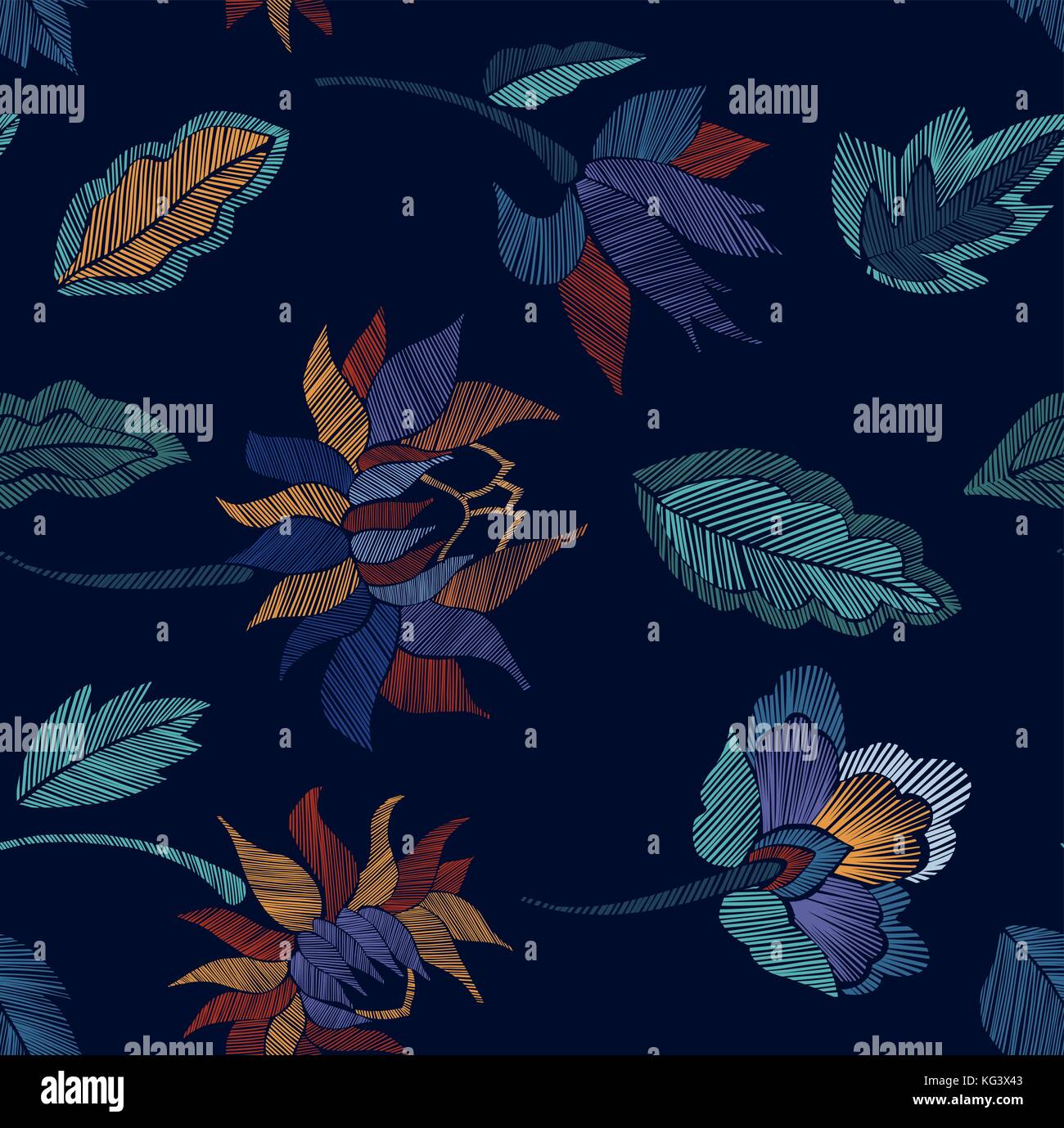 Seamless floral motif fantaisie avec des fleurs et des feuilles de dessin au trait broderie fleurs. vector illustration. Illustration de Vecteur