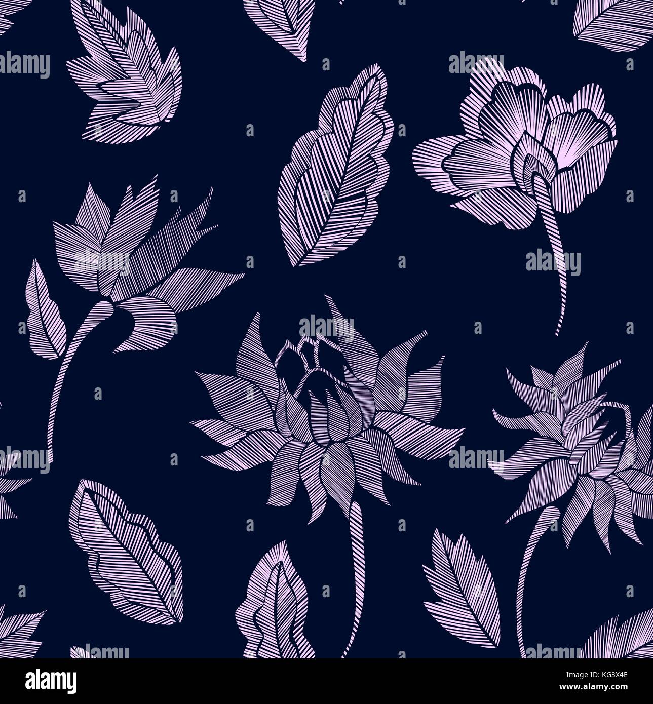 Seamless floral motif fantaisie avec des fleurs et des feuilles de dessin au trait broderie fleurs. vector illustration. Illustration de Vecteur