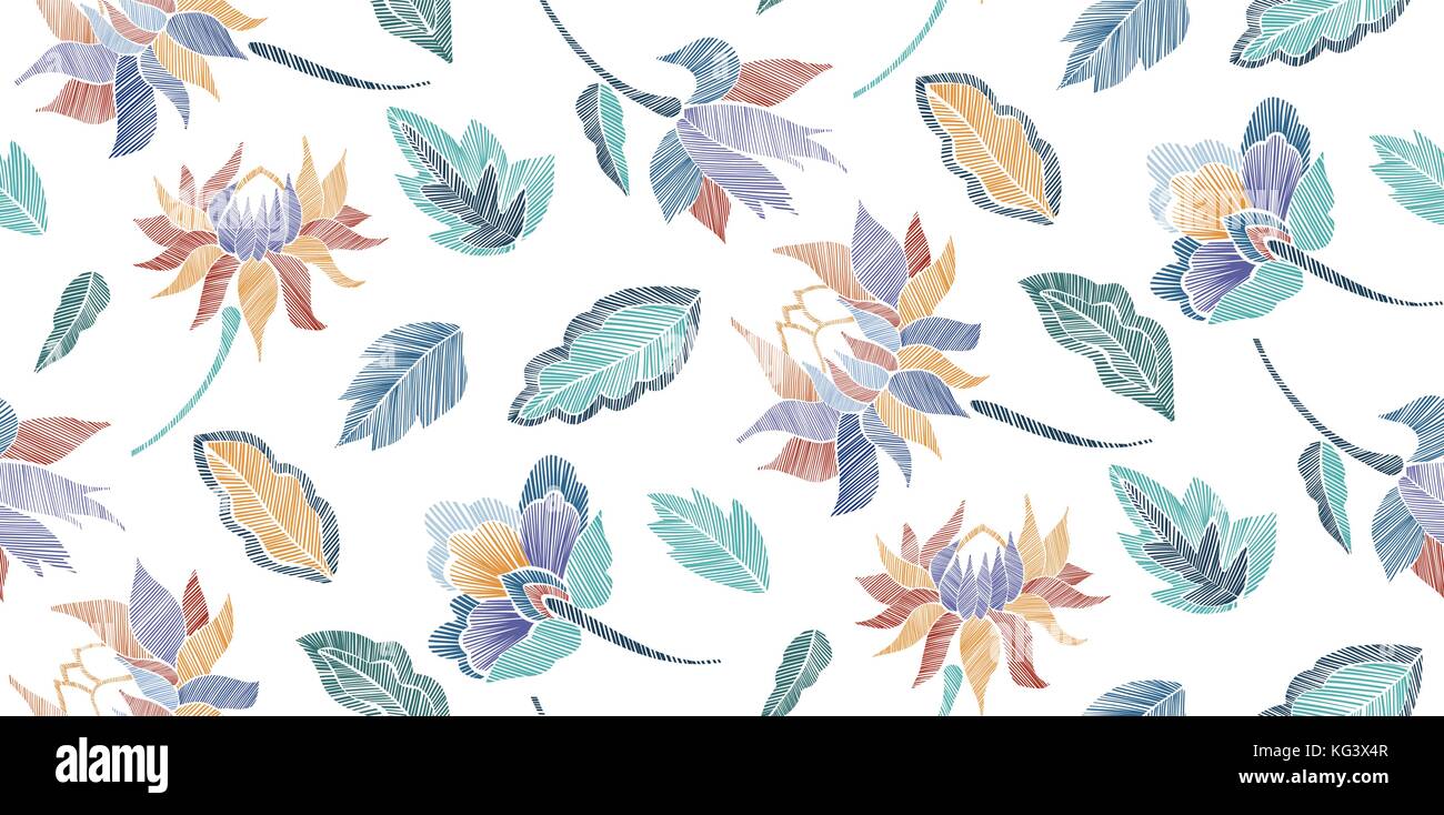 Seamless floral motif fantaisie avec des fleurs et des feuilles de dessin au trait broderie fleurs. vector illustration. Illustration de Vecteur