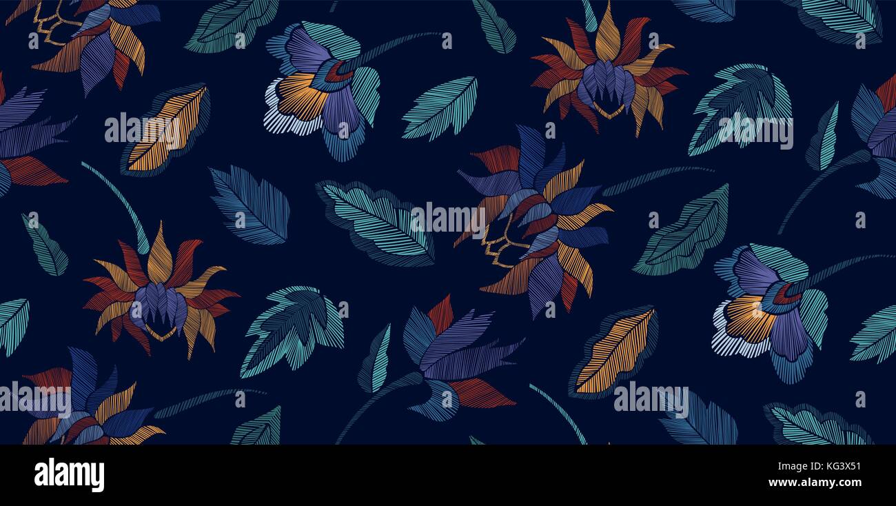 Seamless floral motif fantaisie avec des fleurs et des feuilles de dessin au trait broderie fleurs. vector illustration. Illustration de Vecteur