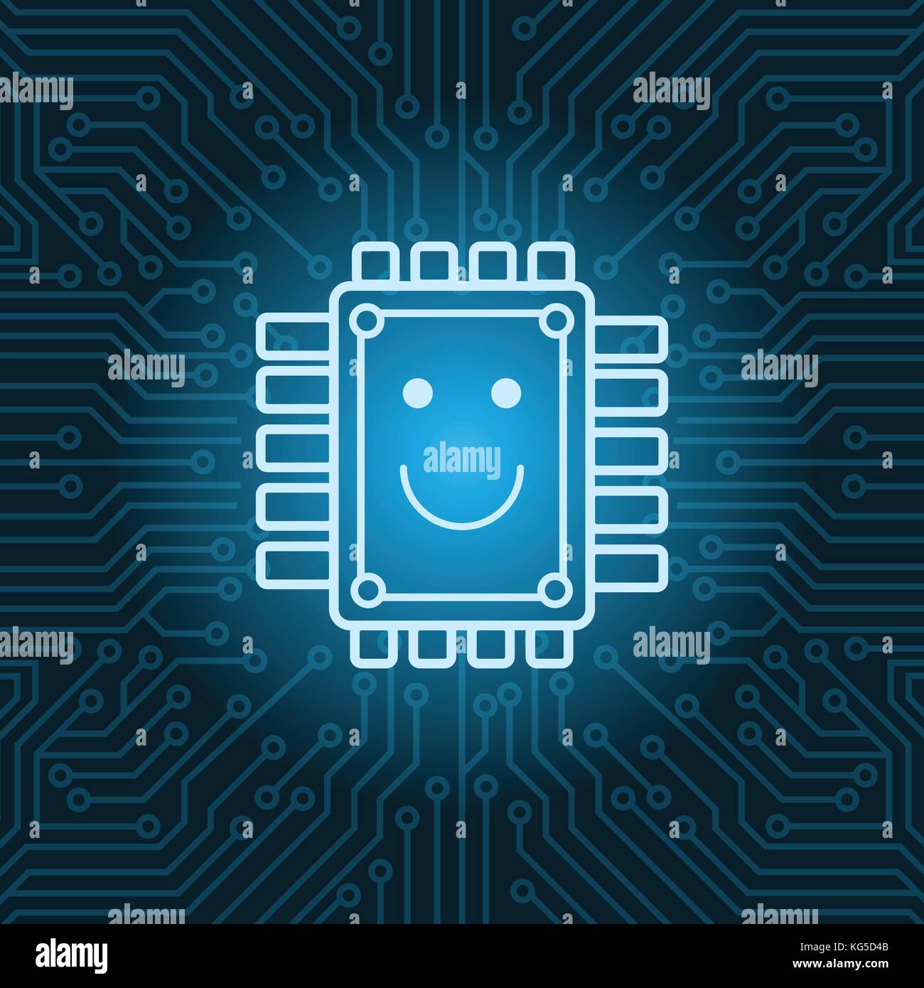 La puce avec icône au visage souriant sur fond de carte mère circuit bleu Illustration de Vecteur