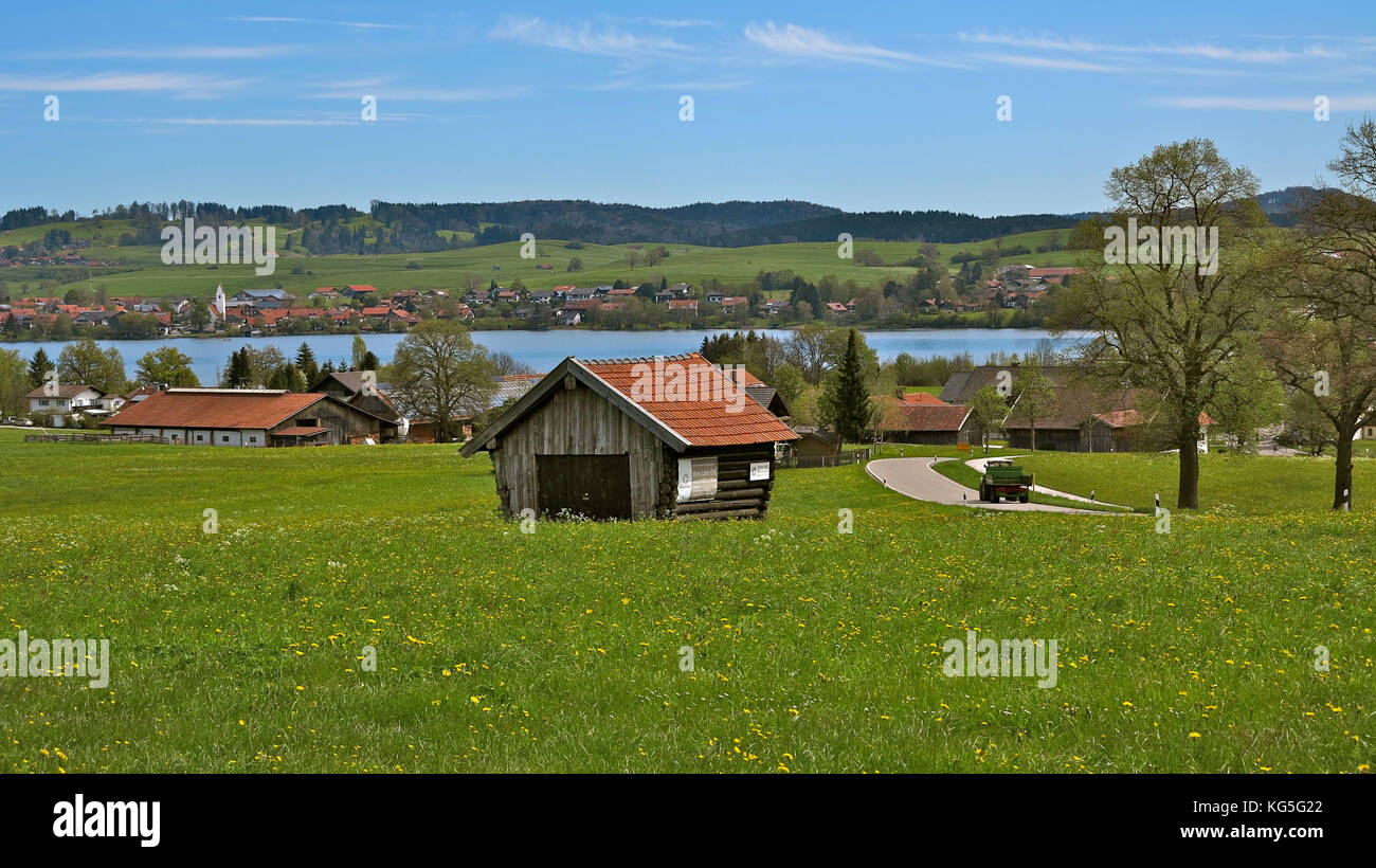 Allemagne, Bavière, Froschhausen, vue sur Riegsee (lac) et village de Riegsee, rue, grange de foin, prairie, source Banque D'Images