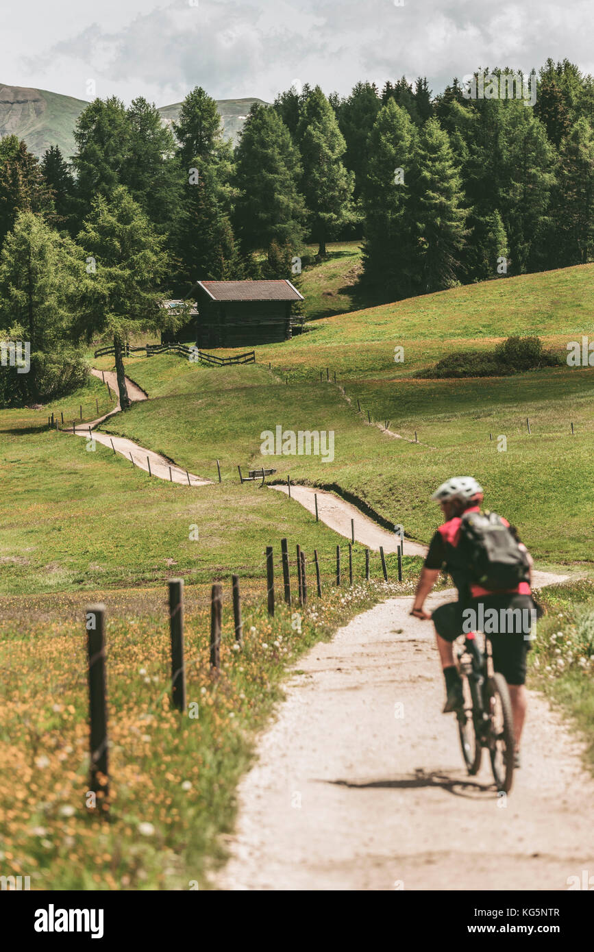 Alpe di Siusi / Seiser Alm, Dolomites, Tyrol du Sud, Italie. Biker sur le chemin. Banque D'Images