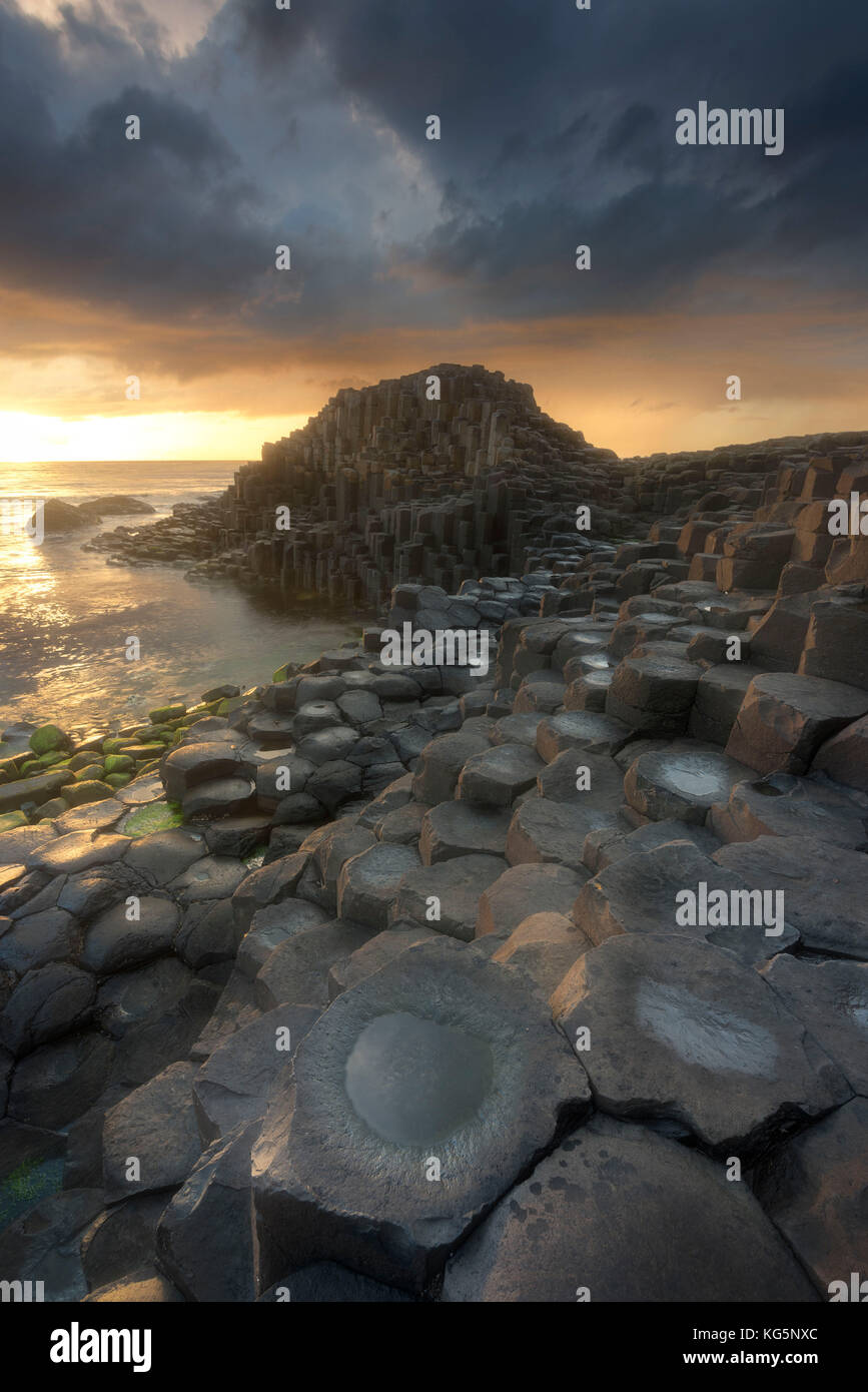 Giant's Causeway, comté d'Antrim, région de l'Ulster, en Irlande du Nord, Royaume-Uni. Colonnes de basalte iconique. Banque D'Images