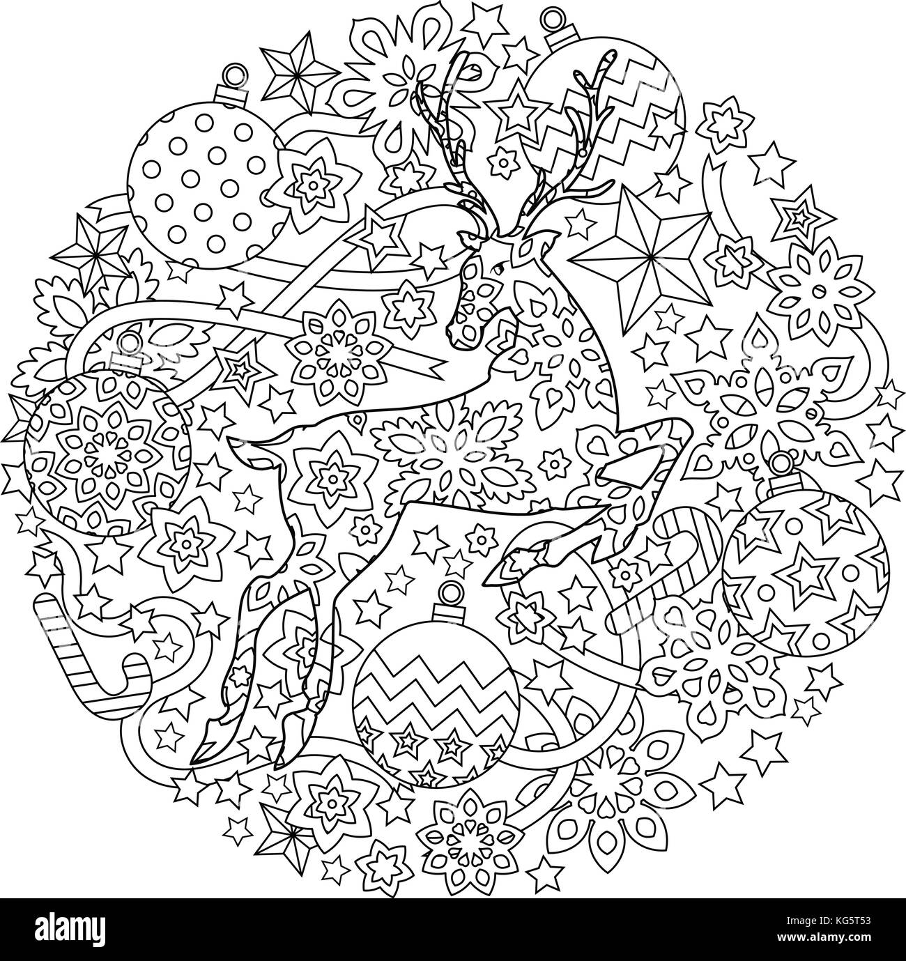 Nouvelle année mandala avec les cerfs et les objets de fête. zentangle