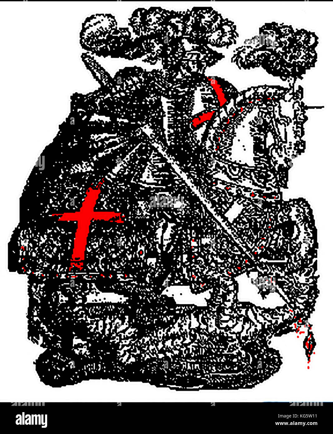 Un vieux spot-gravure couleur représentant Saint George comme un chevalier en armure à cheval et tuer un Dragon (George et le dragon) Banque D'Images
