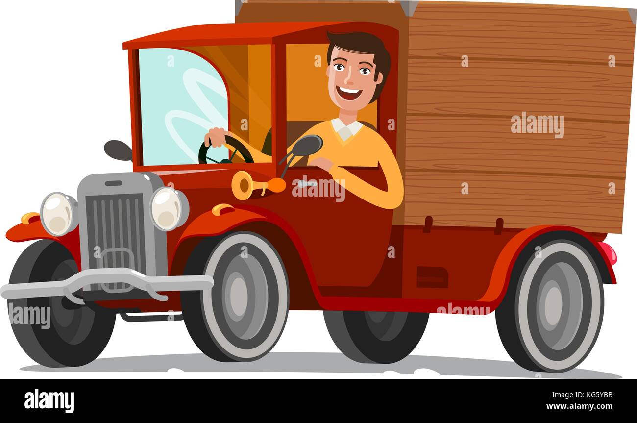 Conducteur heureux monte sur camion rétro. Livraison, agriculture, concept. Illustration vectorielle de dessin animé Illustration de Vecteur
