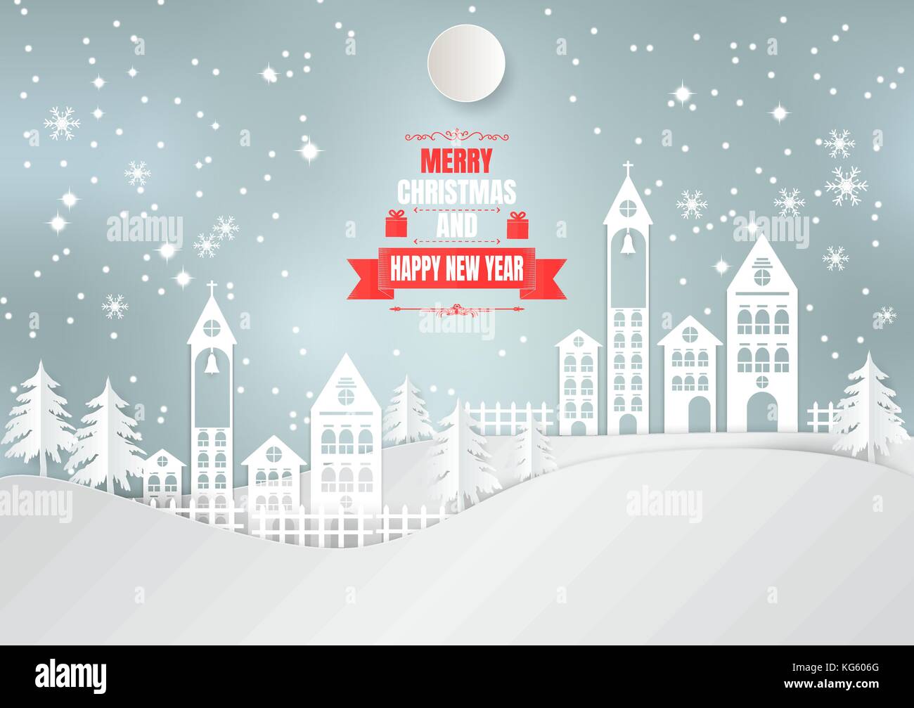 L'art du papier, style City pour la saison de Noël avec Snowflake et arbre. vector illustration Illustration de Vecteur