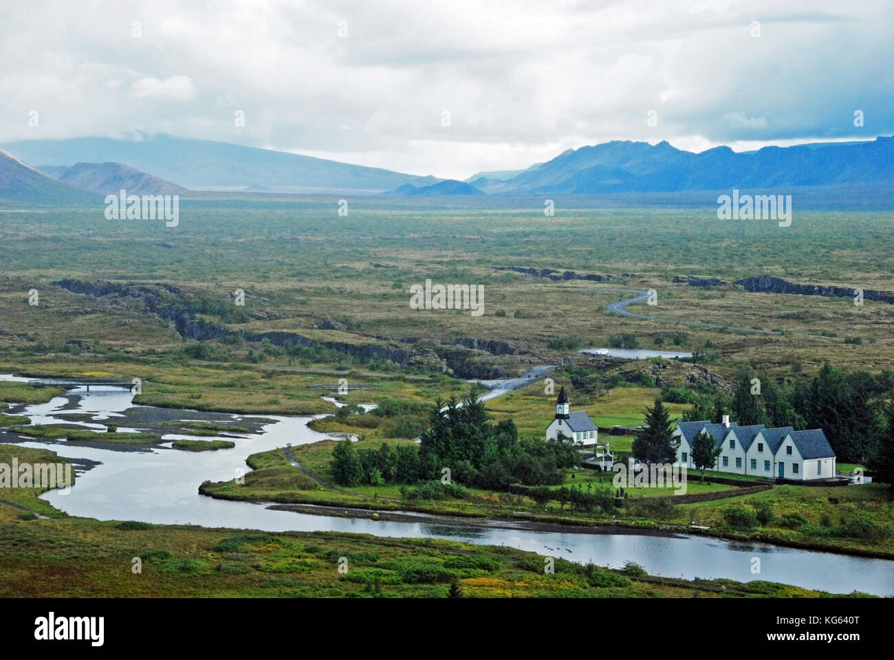 Þingvellir. L'Islande. Vue prise depuis les hauteurs à l'échelle du Parc National de Thingvellir Banque D'Images