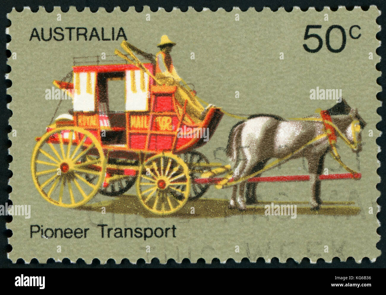 Australie - VERS 1972 : timbre imprimé dans les transports, l'entraîneur de l'Australie montre la vie des pionniers de l'Australie, vers 1972 Banque D'Images