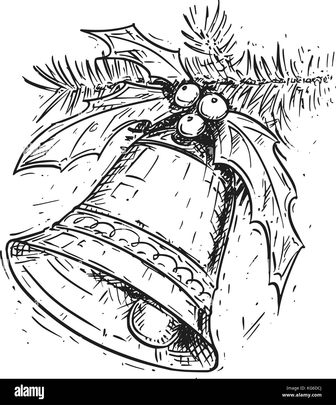 Dessin à la main de l'illustration vectorielle Bell noël décoration sur l'arbre. Illustration de Vecteur