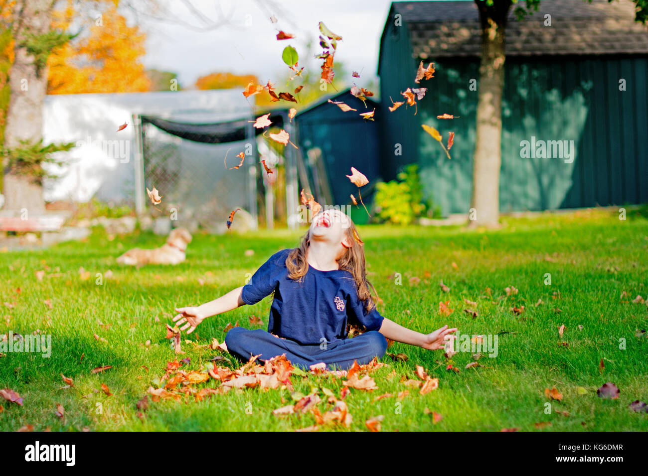 Jeter les feuilles d'automne fille dans l'air Banque D'Images