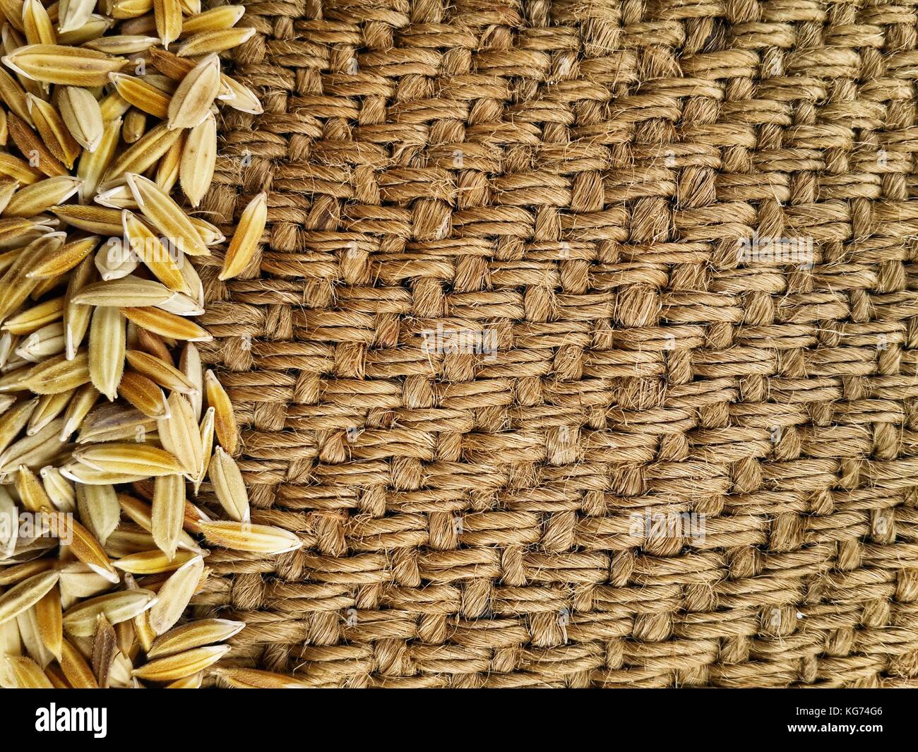 Les graines de riz indien dans les gunnysack texture avec copie espace pour l'écriture Banque D'Images