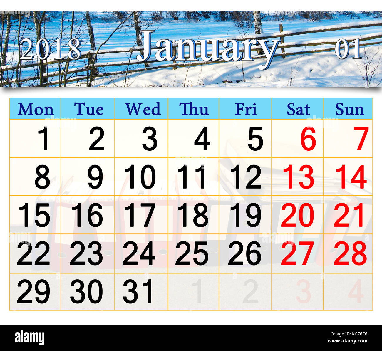 Calendrier de janvier de 2018 à l'image de clôture couverte de neige dans le village Banque D'Images