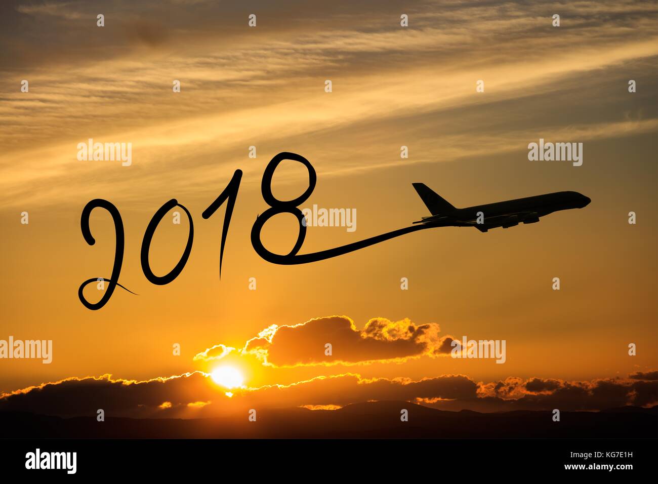 Nouvelle Année 2018 Dessin Par Avion Sur Lair Au Coucher Du