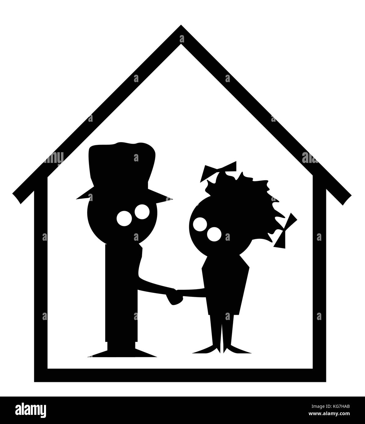 Silhouette d'un couple marié dans la caricature dans le foyer familial isolé sur fond blanc Illustration de Vecteur