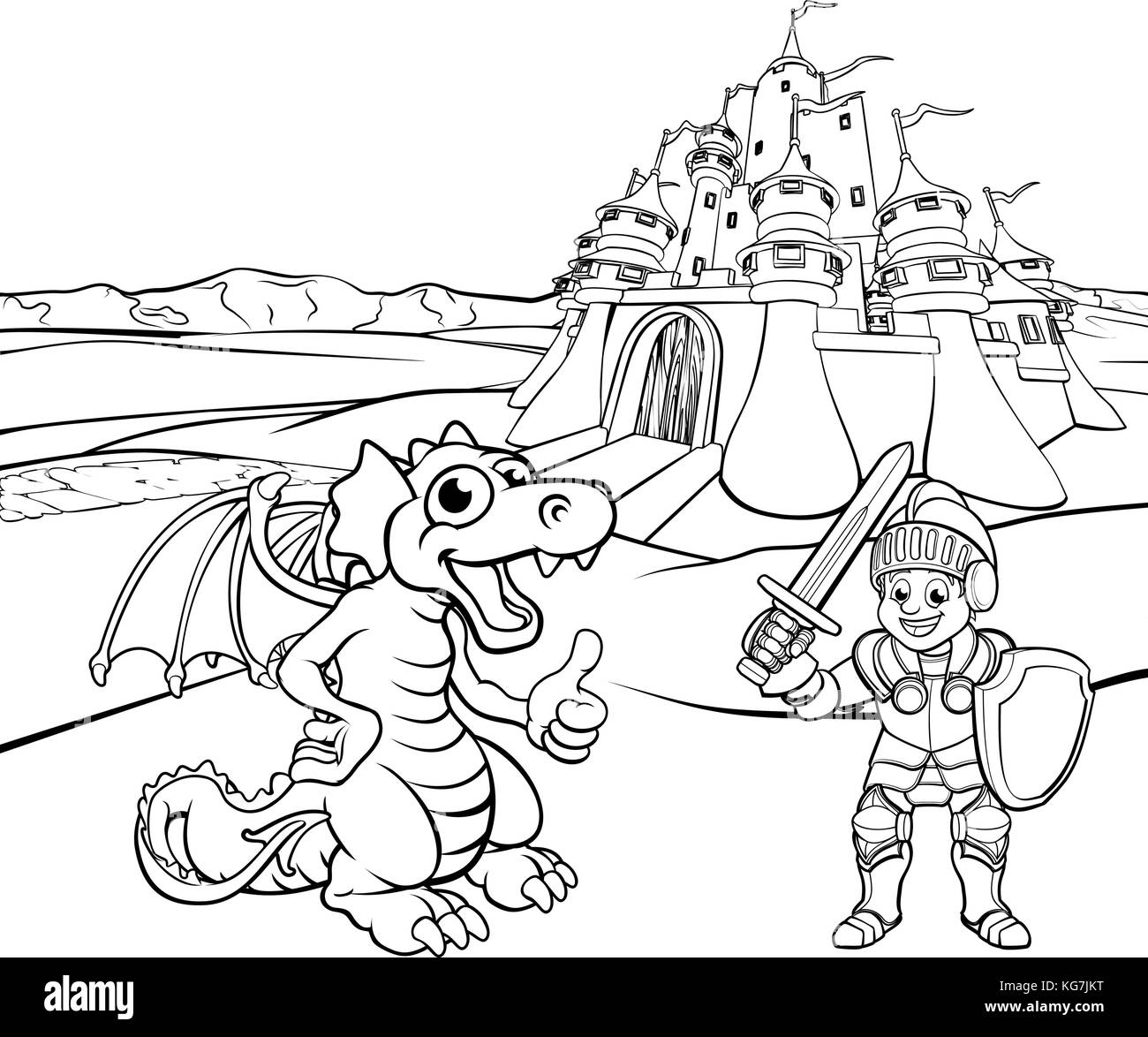 Dessin animé du château du dragon et du chevalier Illustration de Vecteur