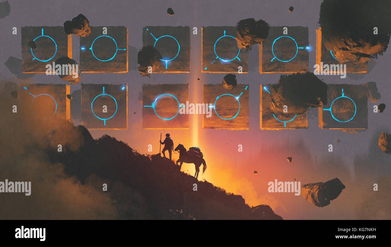 Paysages de science-fiction de l'homme et le cheval à monter une montagne contre de mystérieux rochers flottant dans l'air, style art numérique, illustration peinture Banque D'Images