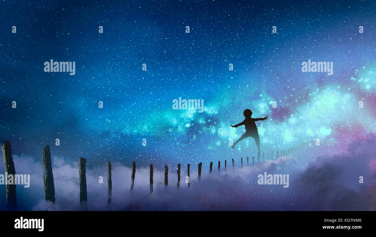 Le garçon en équilibre sur des bâtonnets de bois contre la voie lactée avec de nombreuses étoiles, style art numérique, illustration peinture Banque D'Images