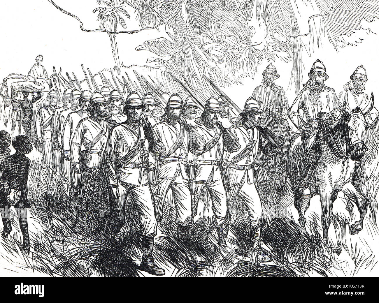 L'armée britannique marche sur la route de Kumasi, troisième guerre anglo-Ashanti, première expédition Ashanti, 1873-1874 Banque D'Images