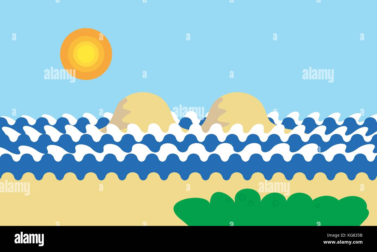 Caricature de montagne vue sur une île de la mer avec des vagues, l'arbre vert ou d'herbe sous un jour bleu ciel avec soleil, horizon - vector Illustration de Vecteur