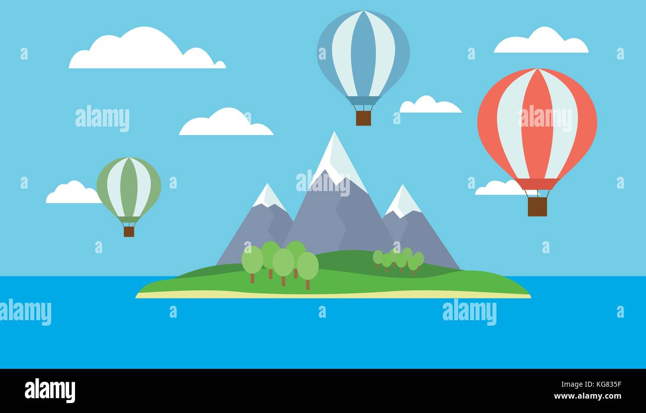 Voir des ballons voler au-dessus de l'île avec des montagnes dans la mer avec ciel bleu et nuages - vector Illustration de Vecteur