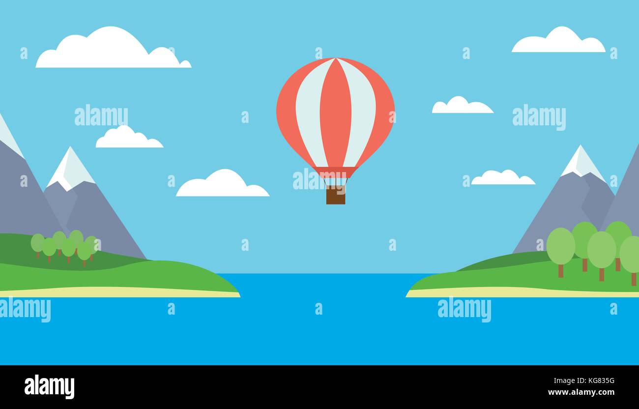 Vue d'une montgolfière survolant la mer entre les deux îles, montagnes, arbres et la neige - vector Illustration de Vecteur