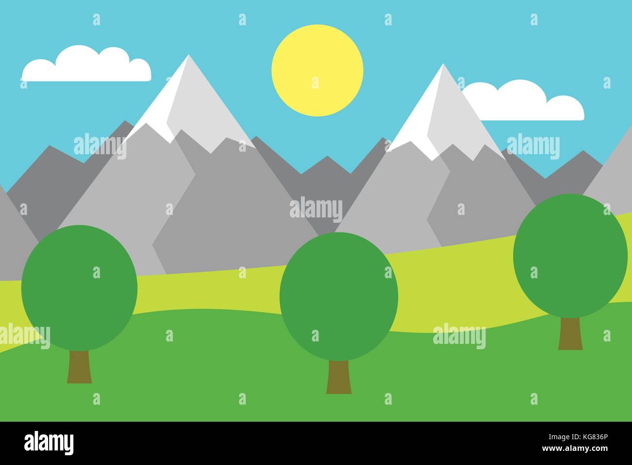 Cartoon vector illustration en couleur d'un paysage de montagne avec un champ et arbres sous un ciel bleu avec des nuages et soleil Illustration de Vecteur