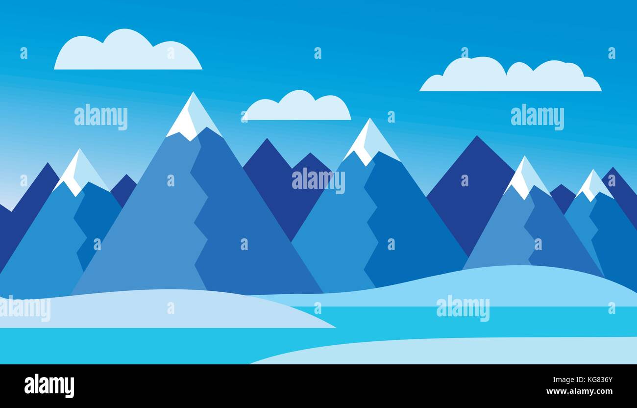 Vector illustration d'un paysage de montagne d'hiver avec un lac et de neige sous un ciel bleu avec des nuages Illustration de Vecteur