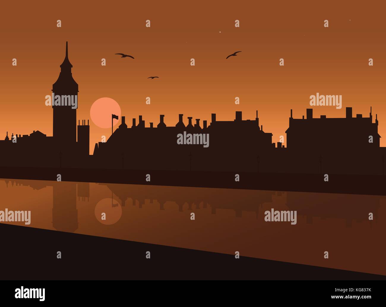 Vue de la nuit de Londres avec la Tamise, Big Ben, le Parlement et le Palais de Westminster avec reflets dans l'eau sous ciel de nuit avec la lune et les étoiles et w Illustration de Vecteur