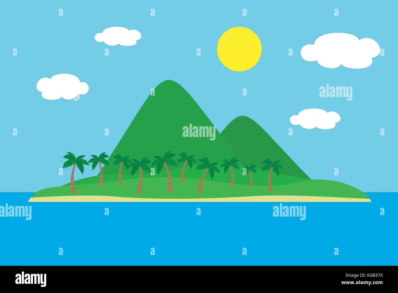 Caricature de vue colorée île tropicale, plage sous des collines, des montagnes et des palmiers au milieu de la mer bleue sous un ciel clair avec des nuages et soleil sur Illustration de Vecteur