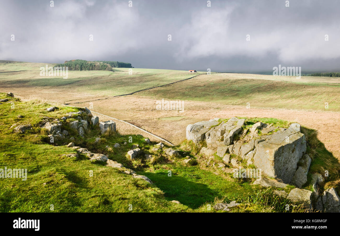 Vue depuis les rochers de Peel à travers bog et terres agricoles en parc national de Northumberland à l'automne près de Hexham, Northumberland, Angleterre. Banque D'Images