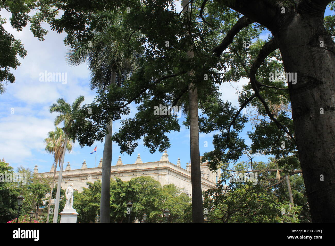 Regarder à travers les arbres dans un vieux bâtiment en pierre de style espagnol avec le drapeau cubain sur le toit, La Havane, Cuba. Banque D'Images