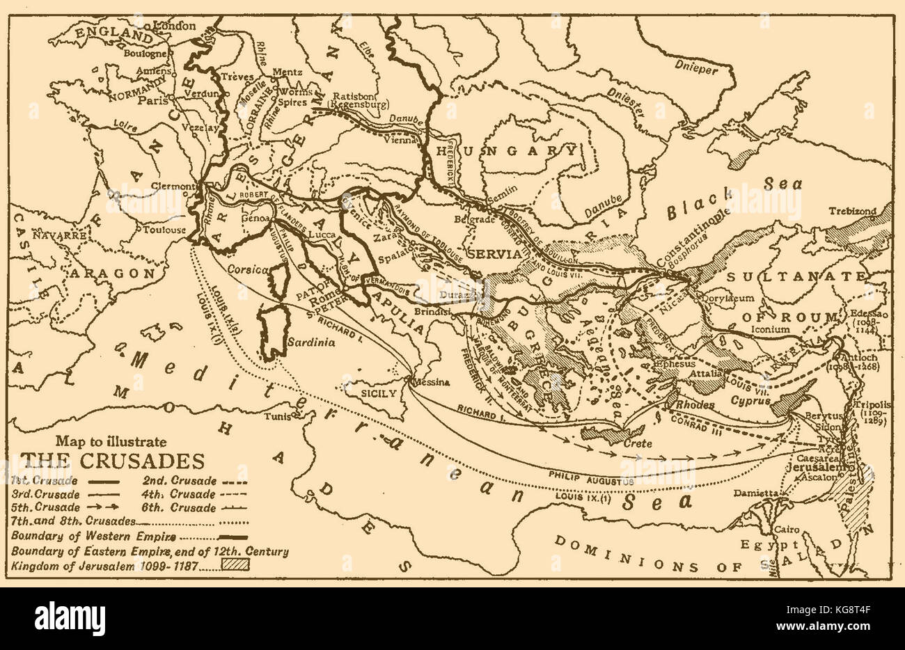 Une carte de l'Europe et la zone de la mer Méditerranée illustrant le1er,2ème, 3ème, 4ème,5ème, 6ème,7ème et 8ème croisades Banque D'Images