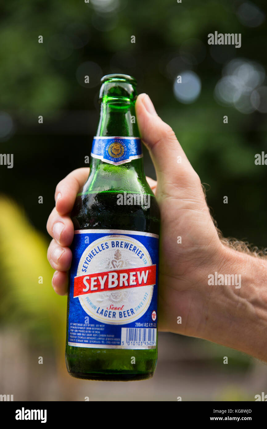 Les Seychelles, La Digue, l'alcool, main tenant une bouteille de bière locale Seybrew Banque D'Images