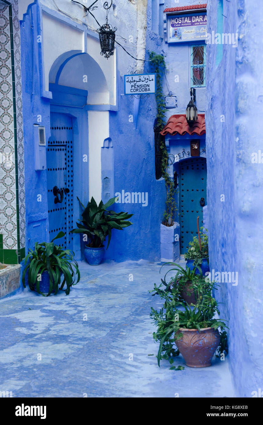 Une scène de rue bleu typique à Chefchaouen, Maroc Banque D'Images