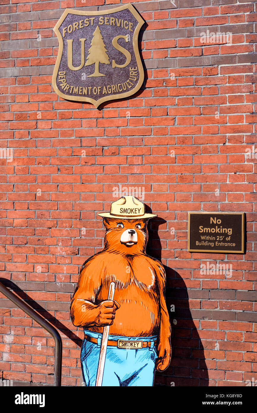 L'ours Smokey mascot illustration sur l'avant de l'US Forest Service building à Washington, DC, United States of America, USA. Banque D'Images