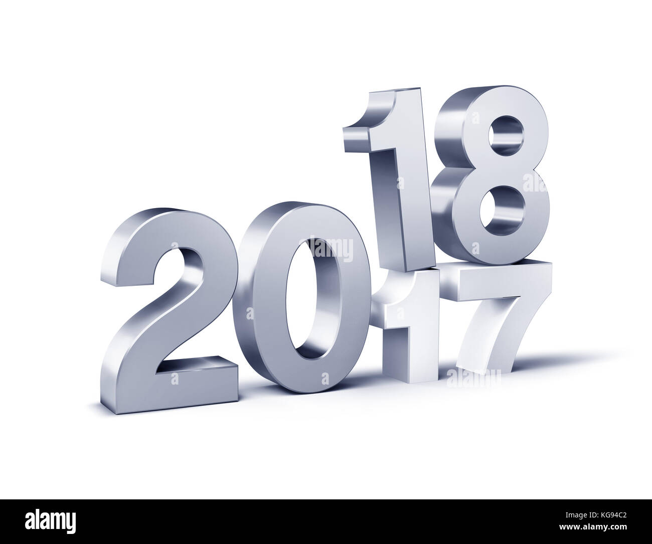Argent 2018 Date dactylographiée au-dessus de 2017, isolé sur blanc - illustration 3D. Banque D'Images