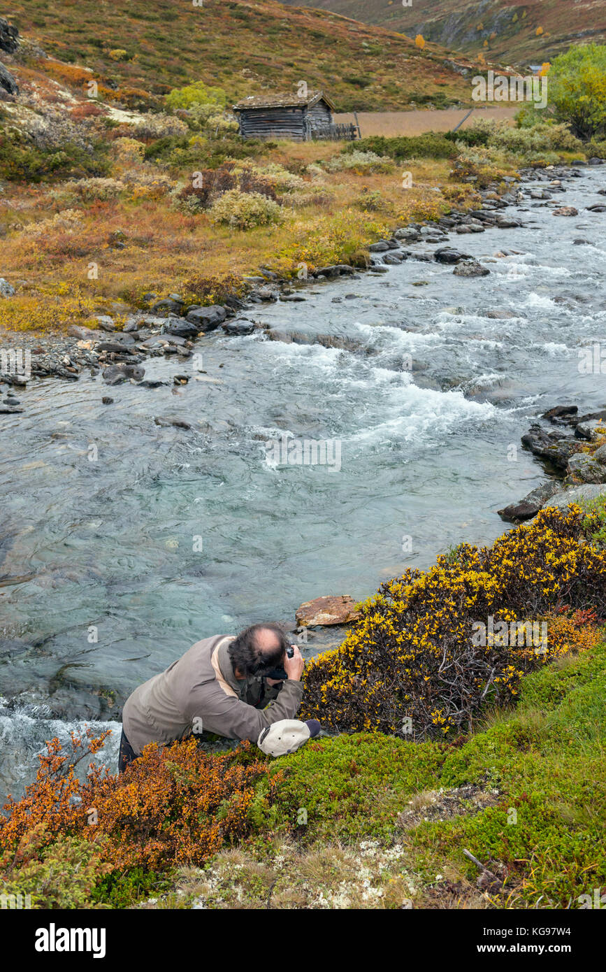 Photographe de la nature par a creek, Norvège Banque D'Images