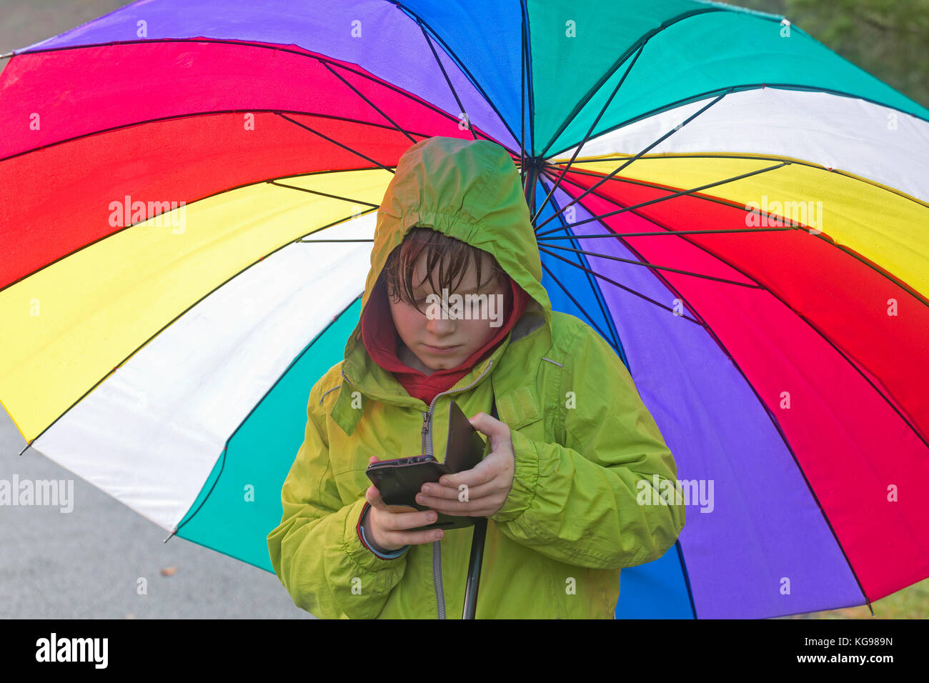 Garçon en utilisant son smartphone sous un grand parapluie Banque D'Images