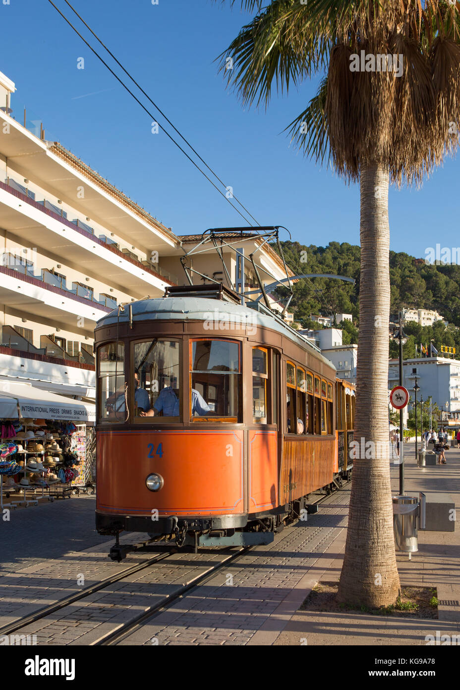 Vieux tramway en bois, Port de Soller, Majorque, Îles Baléares, Espagne. Banque D'Images