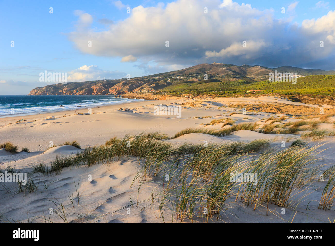Sunny Beach avec des dunes de sable et de ciel bleu et une montagne en arrière-plan. La plage de Guincho à cascais Portugal Banque D'Images